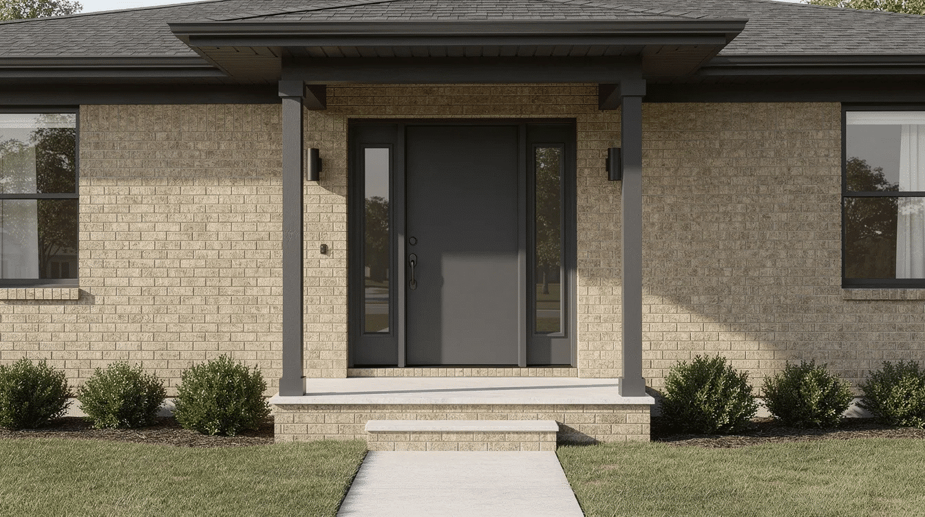 The image features a charcoal-painted front door with sidelights, set against the tan brick exterior of a single-story ranch style house, complete with a small covered porch that enhances its inviting curb appeal. The home's exterior showcases a modern design while blending harmoniously with the natural surroundings, creating a welcoming vibe.