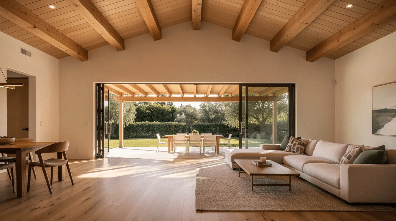 The image depicts the interior of a California ranch great room featuring a vaulted ceiling with exposed wood beams, large sliding glass doors that lead to a covered patio, creating a seamless indoor and outdoor living space. This spacious layout exemplifies modern ranch house plans with its open floor plan and ample natural light.