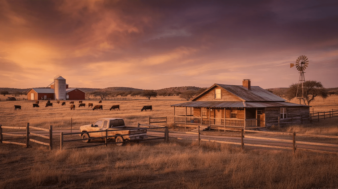 0c83d5d7-7dbc-4e24-b875-d7b2b1067c8f - Ranch Style Homes USA The image depicts a picturesque Texas ranch, showcasing rolling hills and expansive open land ideal for livestock grazing. This perfect property, located in the Texas Hill Country, offers stunning views and is perfect for recreational activities, embodying the traditional values of ranch life in the great state of Texas.