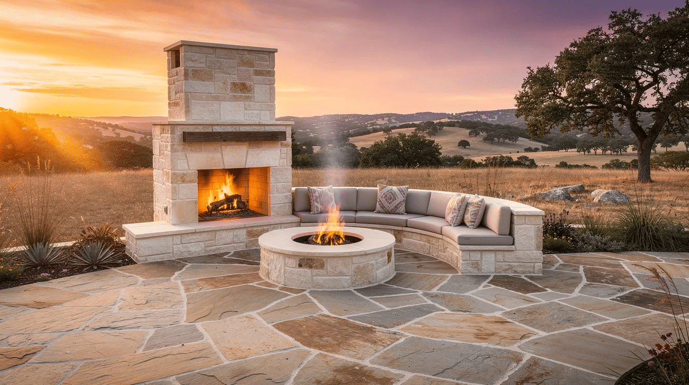 0e91b4bd-d6b7-40bb-ab5d-9b331c50db05 - Ranch Style Homes USA A stone outdoor fireplace with built-in seating is situated on a flagstone patio, providing a cozy space for entertaining while overlooking the rolling terrain of the Texas Hill Country at sunset. The warm glow of the fire contrasts beautifully with the vibrant colors of the sky, creating a perfect setting for gatherings with friends and family.
