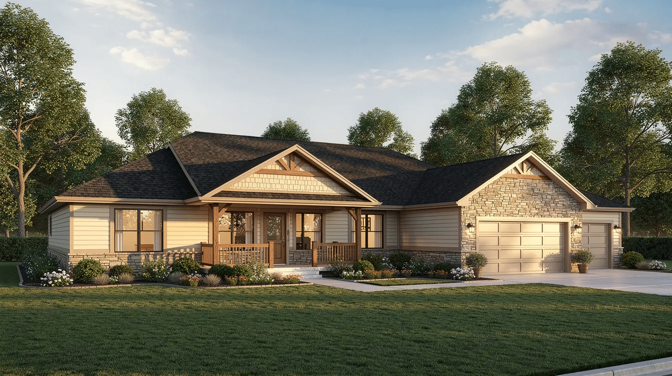This image showcases a detailed floor plan of a 5 bedroom ranch-style house, featuring an open layout with dimensions and notes for customization. Key elements include a walk-in pantry, garage, and a walkout basement, highlighting the home's spacious design and functional details.