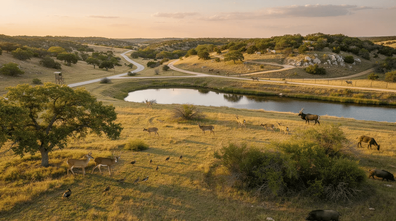 115ec9c6-7504-4301-bedd-87509709da02 - Ranch Style Homes USA The image depicts a scenic Texas hunting ranch, showcasing diverse wildlife habitats with features such as ponds, seasonal creeks, and lush vegetation. This property is ideal for recreation and hunting, attracting buyers interested in both personal enjoyment and lease income opportunities from species like white-tailed deer and exotic game.