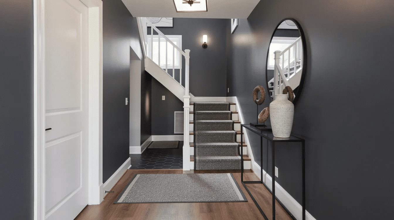 12bc54aa-d881-4125-9a5d-2b32795b04a0 - Ranch Style Homes USA The image showcases a beautifully transformed raised ranch entryway, featuring dark, cozy walls painted in a mid-tone color complemented by crisp white trim. The flooring flows seamlessly from the landing into the upper level, enhancing the space's visual appeal, while large decor pieces and a coordinated entry rug add a stylish focal point to the foyer.