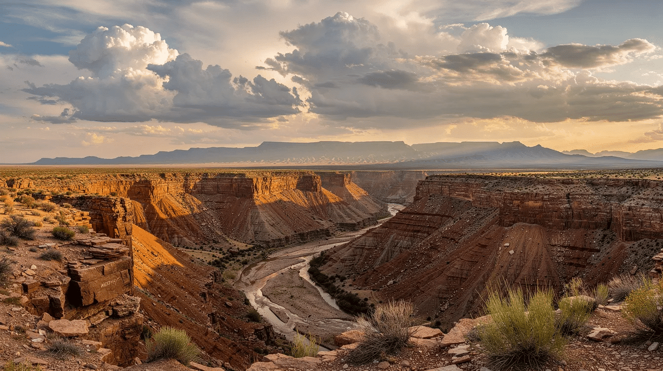 152f63f0-2ad1-48ad-9eea-ce4b87bdb52a - Ranch Style Homes USA A dramatic West Texas canyon landscape showcases distant mountains beneath an expansive sky, with rolling hills and diverse wildlife hinting at the natural beauty of Texas ranch properties. This picturesque scene captures the essence of the Texas Hill Country, ideal for buyers seeking ranches for sale or investment opportunities in the region.