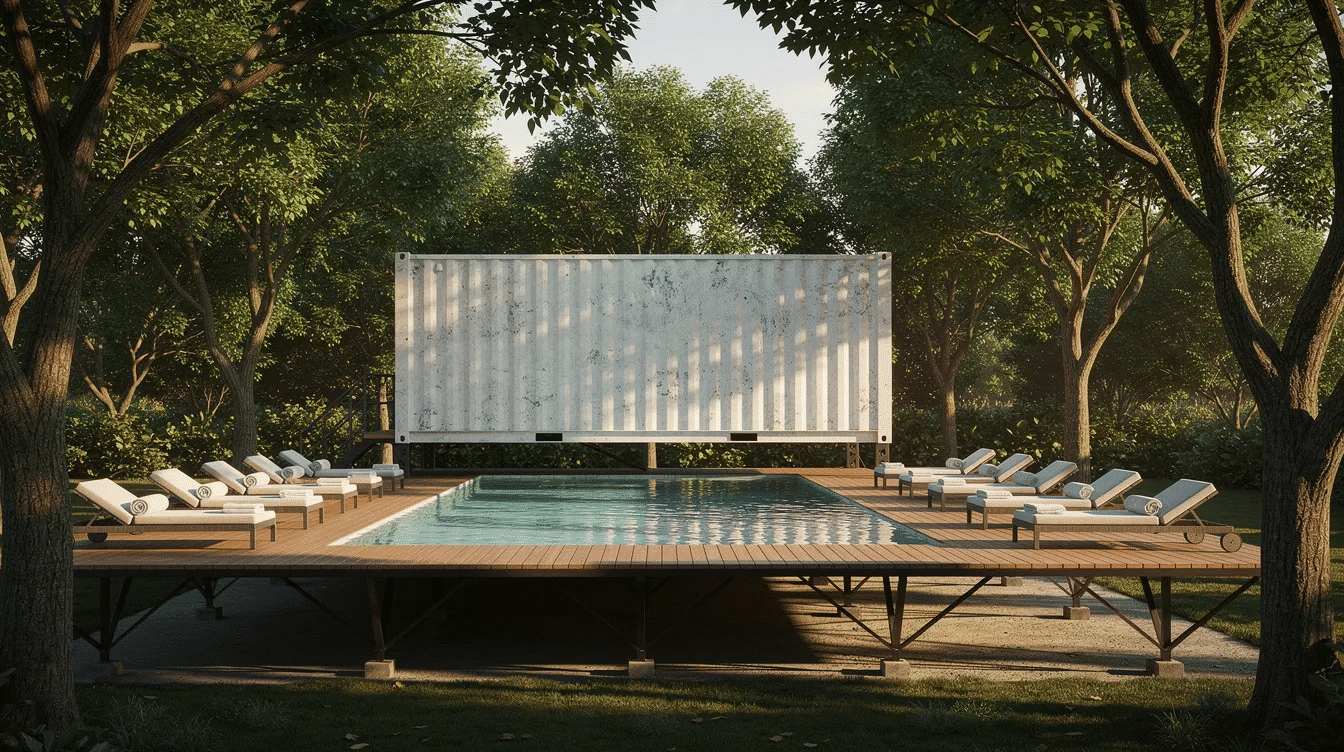 160c1302-2b1c-47c4-ba60-77716882ae3f - Ranch Style Homes USA The image features an elevated shipping container pool surrounded by mature trees, with comfortable lounge chairs nearby, creating a serene escape in the Texas Hill Country. This modern retreat offers a perfect getaway for guests to relax and enjoy nature.