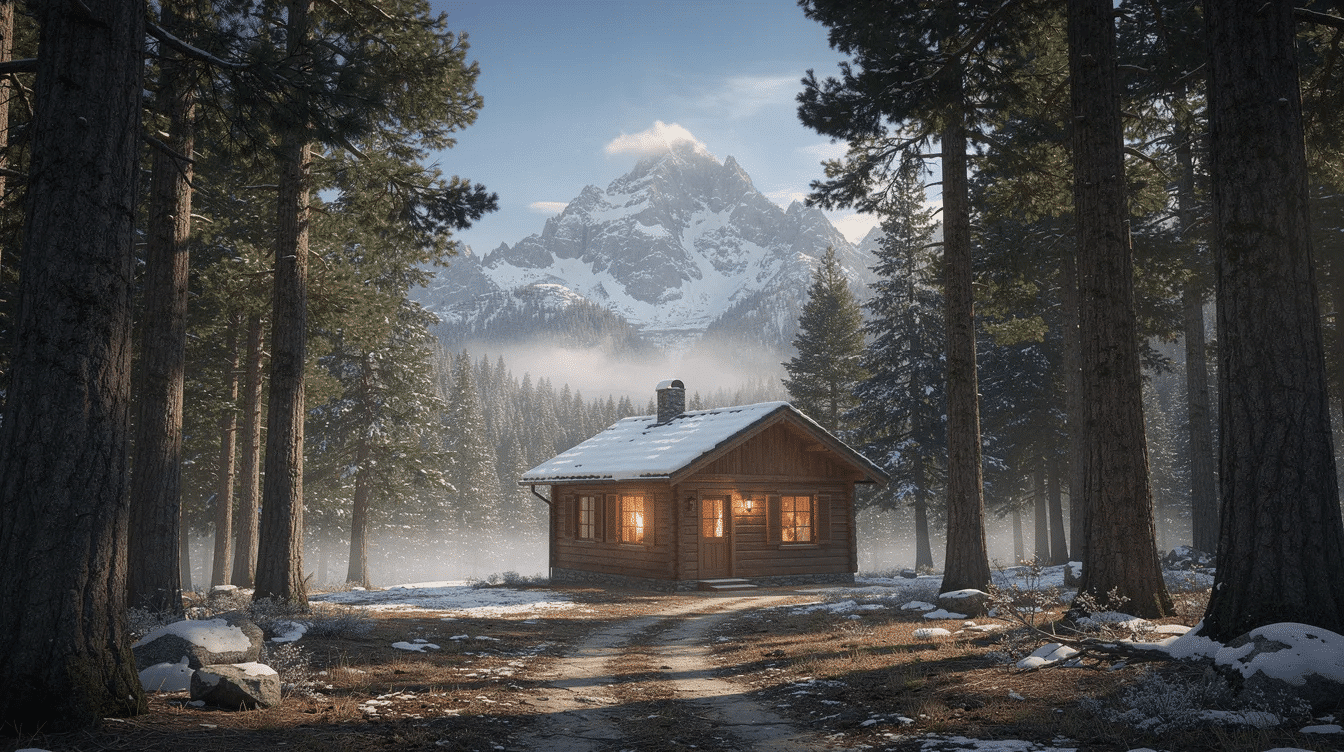 1bdb75d6-d11f-4a4c-8293-5a976c4146d9 - Ranch Style Homes USA A cozy mountain cabin is nestled among tall pine trees, with stunning snow-capped peaks visible in the distance, creating a serene and picturesque scene that embodies a vibrant lifestyle waiting for outdoor enthusiasts. This elevated residential community offers a perfect retreat for those seeking exceptional living experiences in nature.