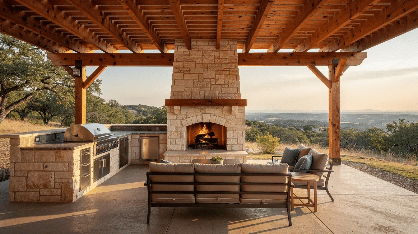 23628c7e-3405-47d4-a4ba-10a71a3f59ab - Ranch Style Homes USA The image depicts a covered outdoor patio featuring a rustic stone fireplace and a built-in grill, all under a charming cedar pergola. This inviting space offers breathtaking views of the Texas Hill Country, perfect for entertaining and enjoying the beauty of the surrounding landscape.