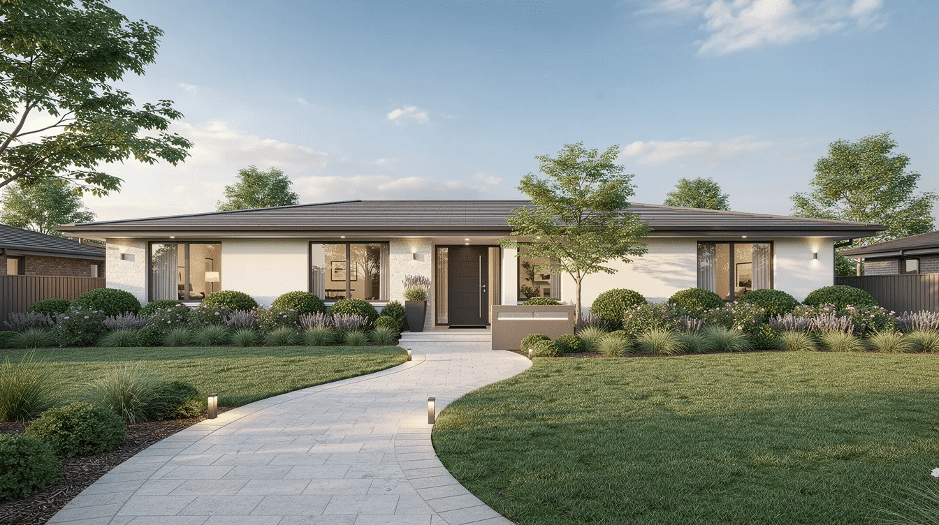 247a326b-6386-42fc-b8d0-68d53c41abca - Ranch Style Homes USA The image showcases a beautifully landscaped ranch house featuring a low pitch roof, with modern architecture elements and a welcoming front porch. The exterior design includes large windows that allow for ample natural light, while the surrounding greenery enhances the home's rustic charm and creates a focal point in the overall design.