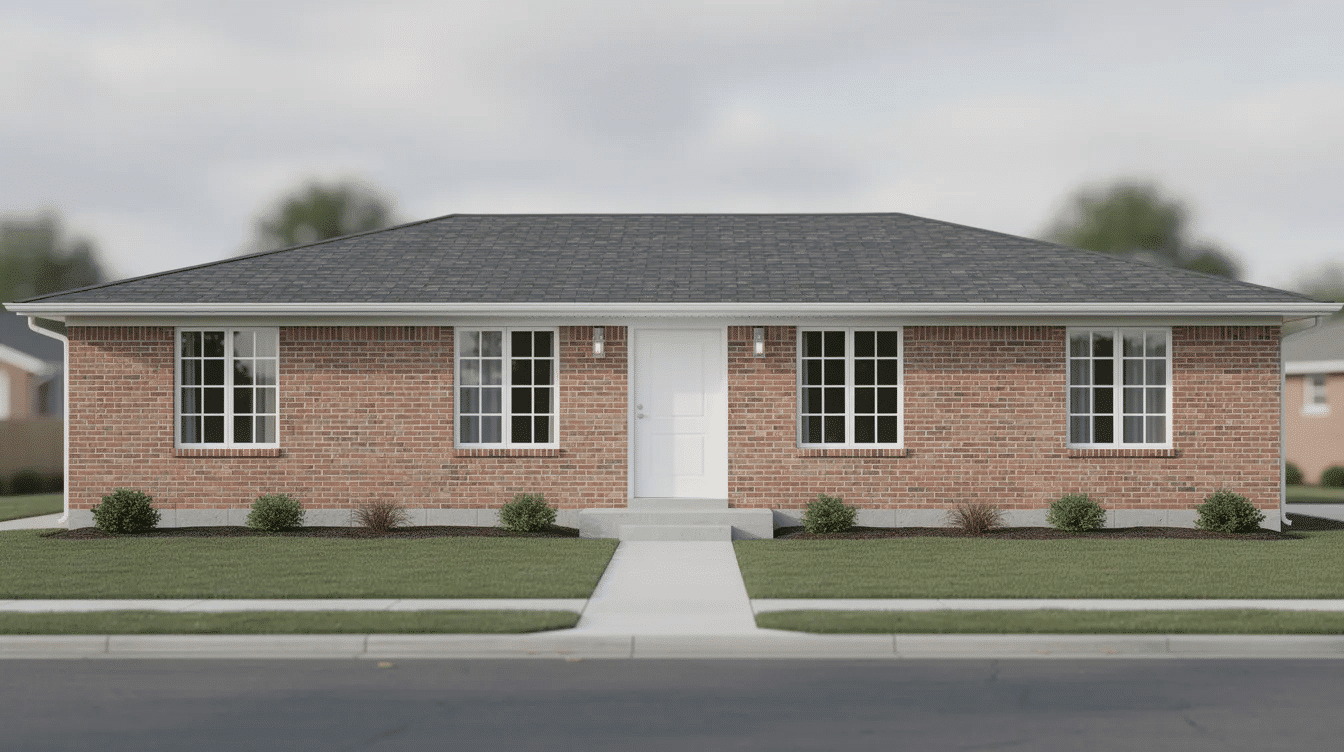The image depicts a single-story red brick ranch home with white trim and no shutters, showcasing symmetrical large windows and a low-pitched roof, which contributes to its inviting curb appeal. Surrounded by natural landscaping, this ranch style house exudes a warm and welcoming vibe, making a strong first impression in the neighborhood.