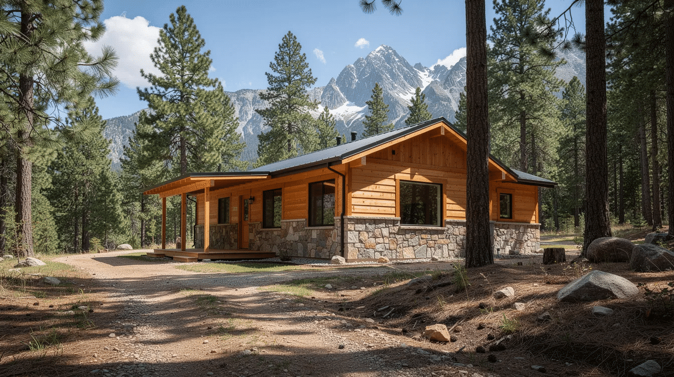 28e79be1-fed3-42c1-a5a9-590d42176387 - Ranch Style Homes USA A single-story ranch cabin featuring wood siding and a stone base is surrounded by tall pine trees, with majestic mountain peaks rising in the background. This ranch style home showcases large windows that invite natural light, creating a warm and inviting living space in a picturesque rural setting.
