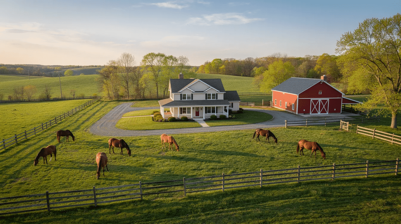 29ffaed0-305c-4781-8e01-441017881d6d - Ranch Style Homes USA The image depicts a picturesque ranch in New Jersey, showcasing sprawling green fields and a charming farmhouse, ideal for those interested in buying property. The serene landscape offers beautiful views and an inviting atmosphere, perfect for fun outdoor activities and visits to nearby parks.