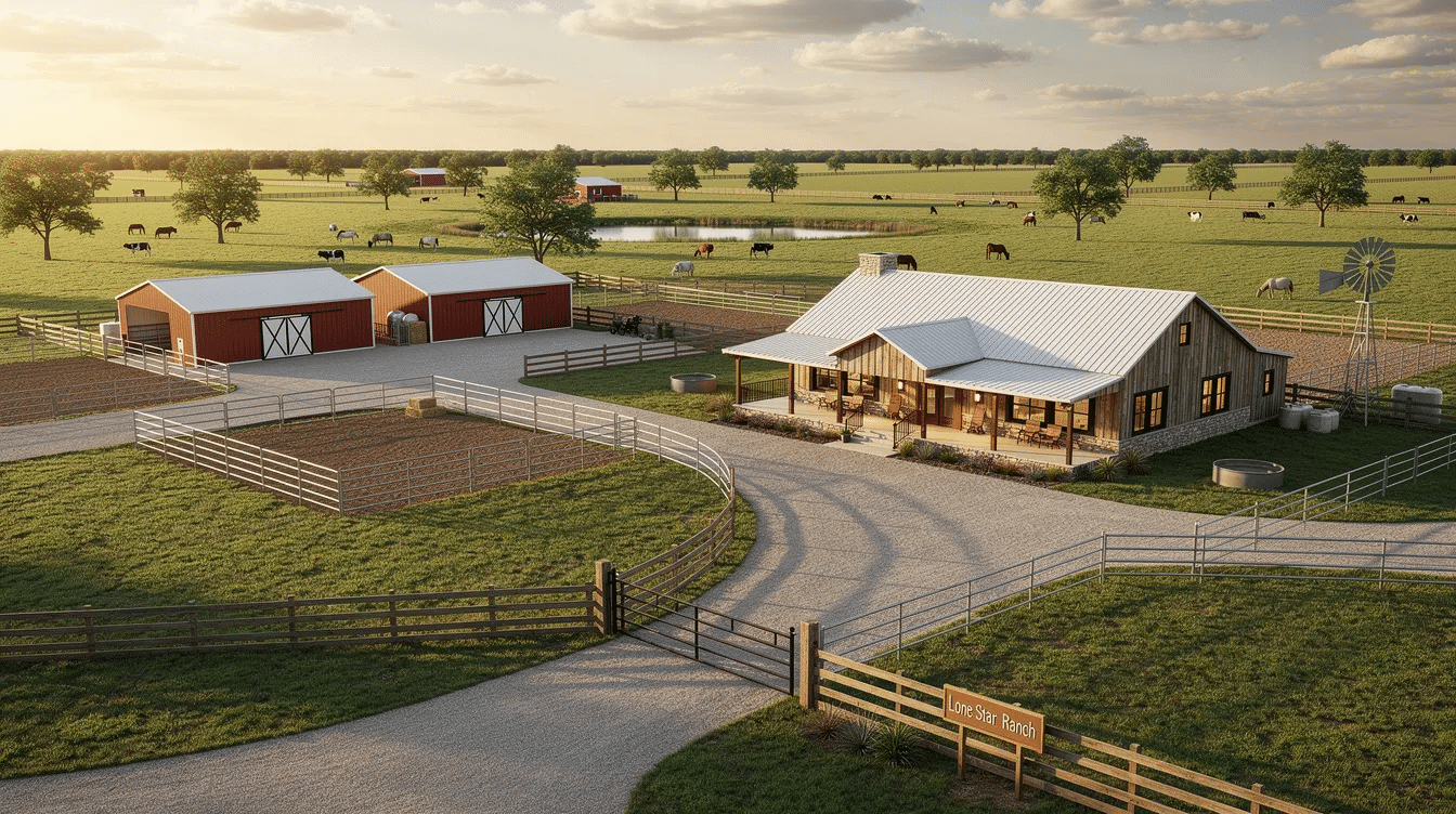 2d6abfeb-f627-4828-8637-f1c375d604a0 - Ranch Style Homes USA The image depicts a beautifully designed ranch home located in the Texas Hill Country, showcasing a blend of natural stone and limestone materials. The architecture emphasizes open spaces and outdoor areas, creating a seamless connection with nature, perfect for families seeking an escape from city life.