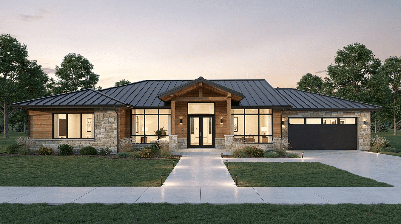 311dbd52-e04c-4001-a0d7-39d6e56104ba - Ranch Style Homes USA The image showcases a 4,000 square foot ranch house plan featuring an open concept layout with spacious family and dining rooms, large windows for natural light, and outdoor living areas. This ranch home design includes a walk-in pantry and beautifully integrates functionality with comfort, making it ideal for family living.