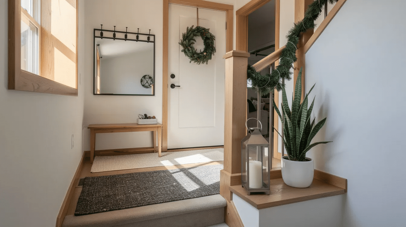 32fb3017-315a-426a-8cfb-6fe155b44b0c - Ranch Style Homes USA The image depicts a stylish raised ranch entryway featuring a cozy rug, a snake plant in a 10” pot, and a ceramic tray for keys, all set against a backdrop of seasonal decor. For Christmas, the entryway is enhanced with a wreath on the door, garland along the stair rail, and a lantern on the landing, creating a warm and inviting atmosphere.