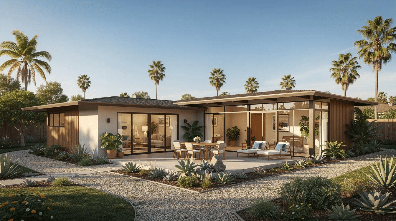 34090491-26d2-40a3-aac1-439462cfc384 - Ranch Style Homes USA The image depicts a California ranch style home, characterized by its low-to-the-ground profile and sprawling single-story layout. Key features include large windows, wide overhanging eaves, and sliding glass doors that connect the living space to an outdoor patio, reflecting the architectural style's popularity in suburban areas like Los Angeles and San Diego.