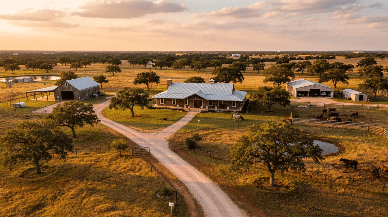 3461f4a1-d4bd-44a9-8265-59fbf3c0ef75 - Ranch Style Homes USA The image showcases a picturesque Texas ranch property nestled in the rolling hills of the Texas Hill Country, featuring expansive acreage with multiple build sites, excellent access, and scenic views of the Brazos River. This land for sale presents a rare combination of natural beauty and recreational appeal, ideal for personal use or investment in a prime location near Dallas Fort Worth.