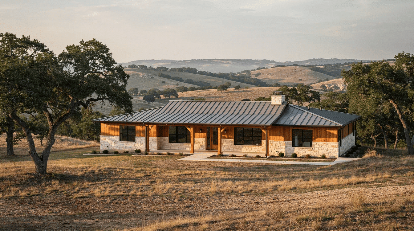 358dc1a5-1de1-4349-9e94-6d757e4fb775 - Ranch Style Homes USA A wide exterior view showcases a beautiful ranch house constructed from native Texas limestone and cedar, featuring a standing seam metal roof. The home is nestled against the rolling terrain of the Texas Hill Country, surrounded by live oak trees, creating a serene and picturesque landscape.