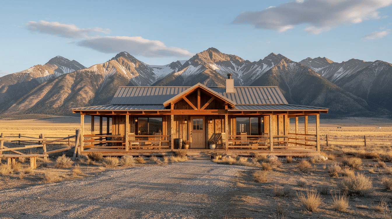 35ab2d78-04f9-4132-8136-ebcbb7f7465f - Ranch Style Homes USA The image features a rustic ranch house with a charming wrap-around porch, set against a stunning mountain backdrop, embodying the peaceful solitude of a west ranch lifestyle. This picturesque scene evokes the essence of the old west, inviting thoughts of outdoor activities like horseback riding and exploring wide open spaces.