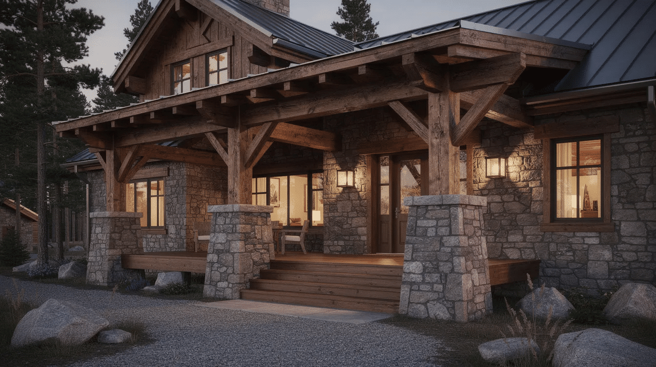 363bbca2-4733-4e0c-8cfd-083059cffc96 - Ranch Style Homes USA The image depicts a rustic lodge featuring sturdy stone bases and heavy timber porch beams, embodying the charm of ranch style homes. This single-story design offers a welcoming space for family gatherings and entertaining, showcasing the beauty of natural materials in its architecture.