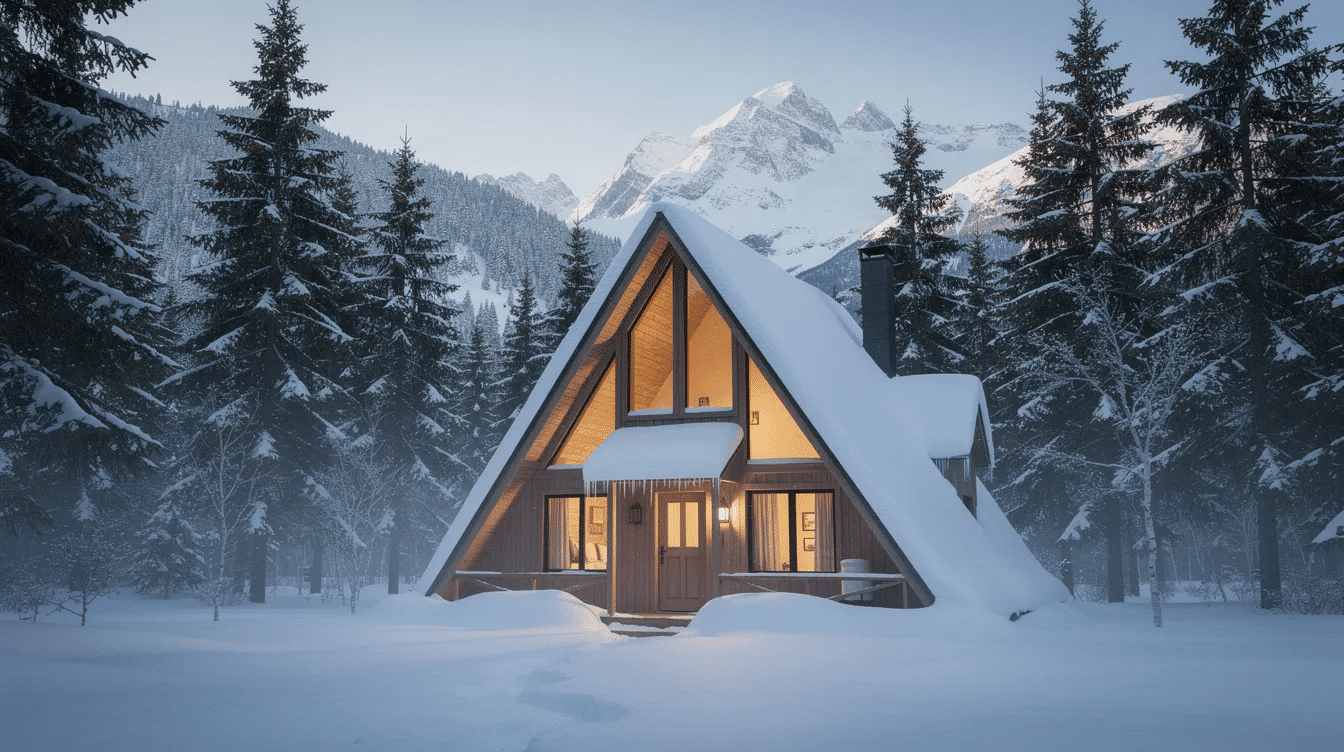 36bbade4-64f8-421f-a5df-f366d3cf8bf9 - Ranch Style Homes USA The image depicts a charming A-frame cabin nestled among tall pine trees in a snowy mountain landscape, showcasing a cozy vacation home surrounded by the serene beauty of winter nature. The cabin's distinctive triangular roof adds to its unique design, typical of American architecture.