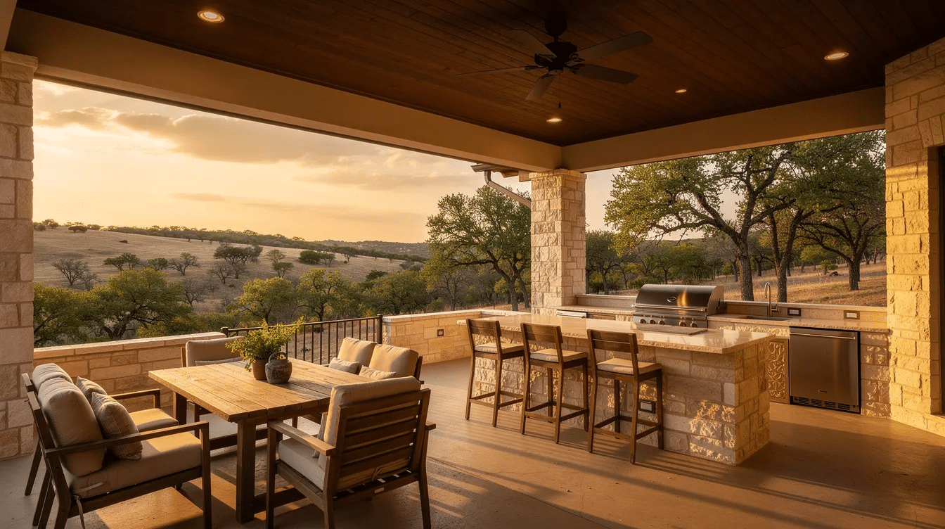 36e0576a-fa95-488b-aa83-2cdaa164de7e - Ranch Style Homes USA The image features a covered patio with a modern outdoor kitchen, providing a perfect space for entertaining while overlooking the picturesque Texas landscape, characteristic of the Texas Hill Country. This outdoor living area reflects the design elements of Texas house plans, creating a seamless blend of indoor and outdoor lifestyle.