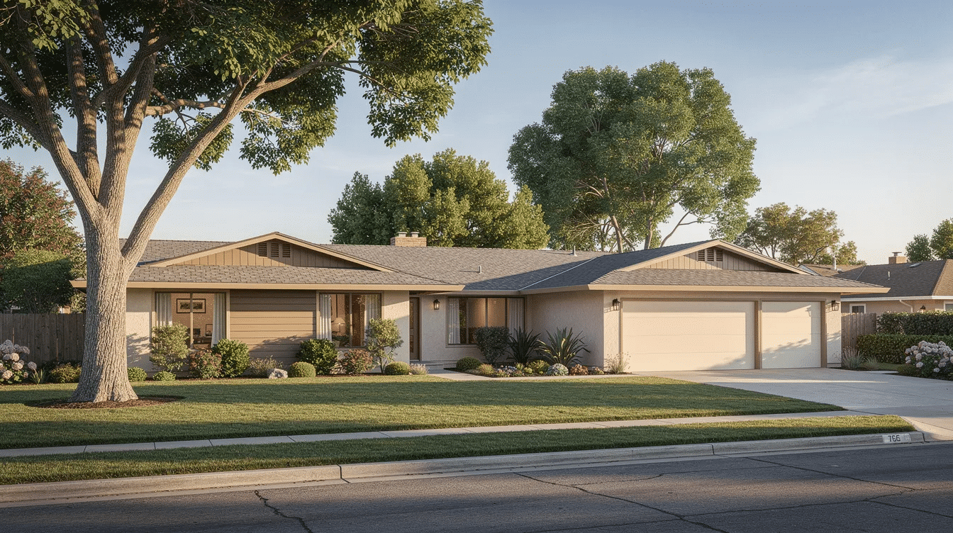 The image depicts a mid-century ranch house featuring a simple rectangular form with an attached two-car garage, surrounded by mature landscaping typical of 1950s California subdivisions. This single-story layout showcases seamless indoor and outdoor living, with large windows enhancing the spacious layout and timeless appeal of ranch style homes.