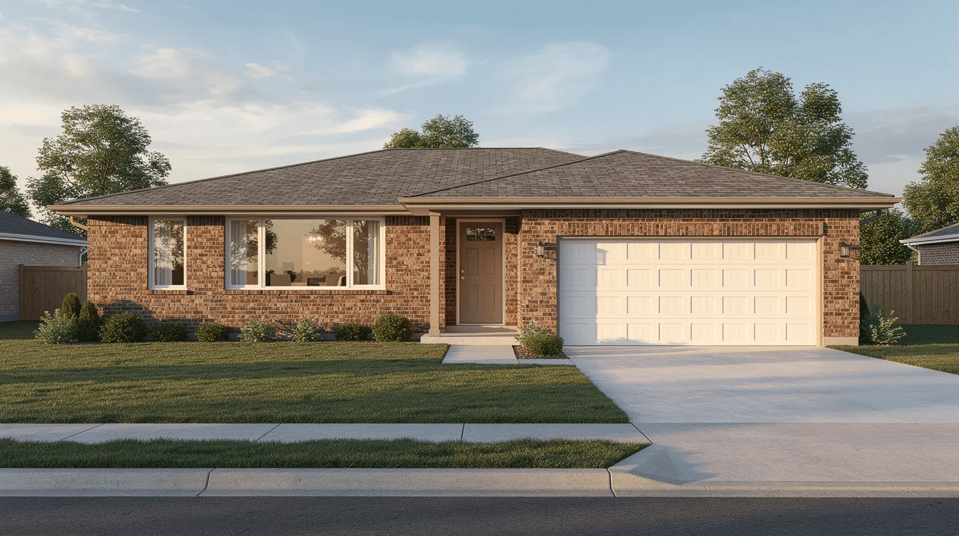 The image depicts a single-story ranch style home featuring a brick exterior and an attached two-car garage, with large picture windows that invite natural light into the living areas. This design exemplifies the timeless appeal of ranch house plans, offering seamless indoor-outdoor living in a suburban setting.