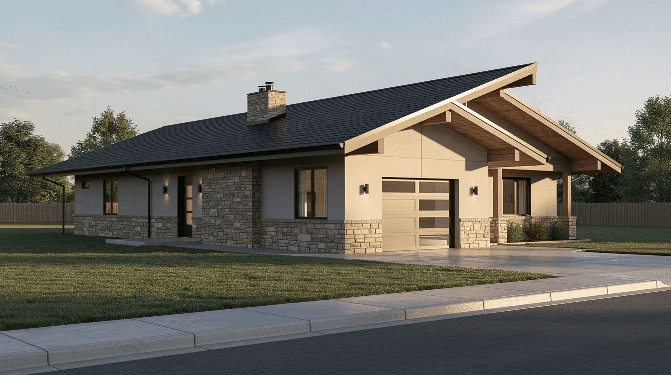3edf1a93-07ae-4ef9-81c4-a5d3ae564080 - Ranch Style Homes USA The image features a stunning modern ranch house with a ranch style roof, showcasing large windows that invite natural light into the living space. Its warm brown exterior and elegant architectural details enhance the curb appeal, while the front porch adds a welcoming touch to this single story design.