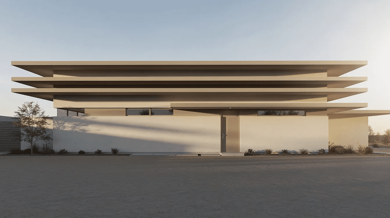 417b0c6f-6bda-4da2-a4cd-3fa1893cb149 - Ranch Style Homes USA This side elevation view showcases a stunning modern ranch house with extended eaves that create layered shadows on its flat facade. The architectural style features large windows and a warm brown color palette, enhancing the home's curb appeal and energy efficiency.