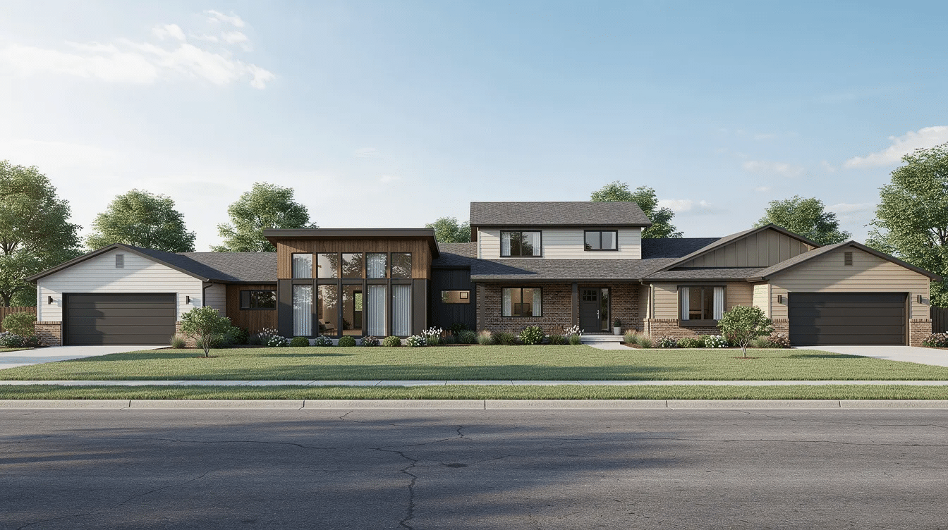 42fbbac9-a1d4-41a9-b715-f9ff9095ed40 - Ranch Style Homes USA The image showcases various popular types of ranch style homes, featuring spacious layouts with large windows that invite natural light. These ranch house plans are designed for one-level living, ideal for young families and empty nesters, offering features like three bedrooms, a great room for entertaining, and a cozy dining area.