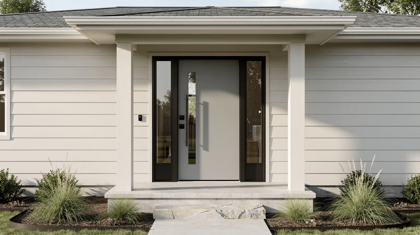 450c501e-d9dd-4f48-8f41-ad1b70b975dc - Ranch Style Homes USA The image features a modern front door with sleek sidelights and contemporary black hardware, set against the exterior of a ranch house. This stylish entrance enhances the curb appeal of the ranch style home, showcasing a clean and inviting look.