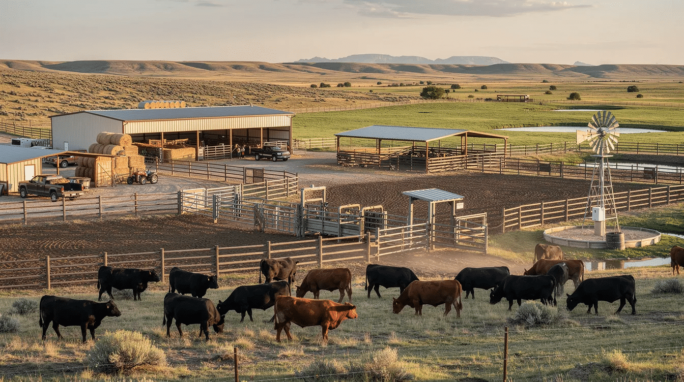 46e0fa98-970e-46d4-8633-eadbdc479bbf - Ranch Style Homes USA The image depicts a vast working cattle ranch, showcasing expansive fenced pastures and essential infrastructure such as barns and corrals, set against a backdrop of rolling grasslands. This rural property is designed for efficient livestock operations, featuring water rights and grazing capabilities that are characteristic of the American West.
