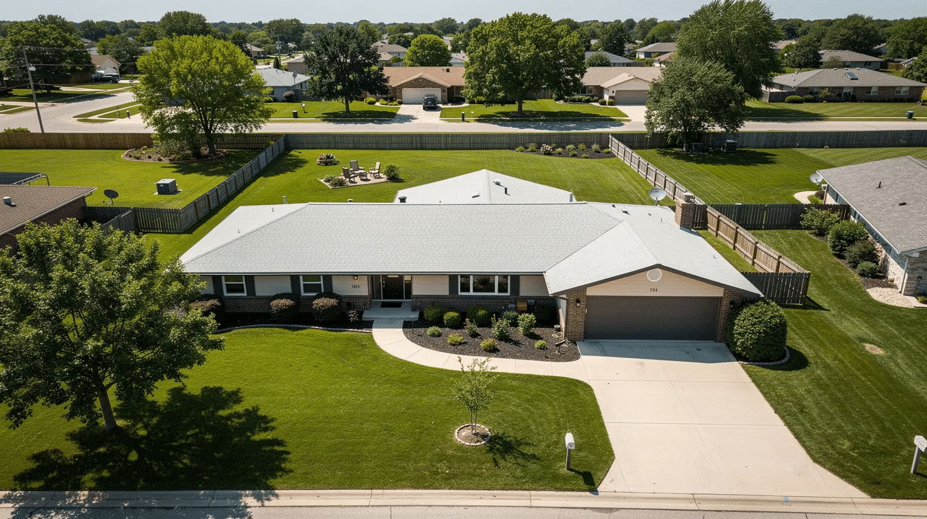 An aerial view of a sprawling ranch style home showcases its single-story layout on a wide suburban lot, featuring large picture windows and sliding glass doors that enhance the seamless indoor outdoor living experience. This modern ranch house design emphasizes open floor plans and ample outdoor spaces, making it ideal for family gatherings in a rural or suburban setting.