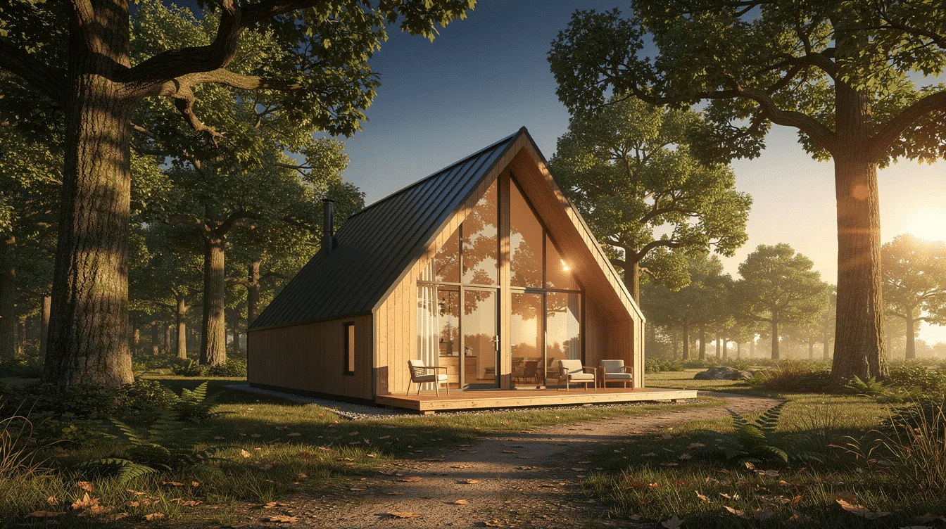 4ac0d9d5-c339-483c-8916-5a6b912b7bd6 - Ranch Style Homes USA The image depicts a modern A-frame cabin nestled among oak trees, bathed in the warm glow of golden hour light. This serene escape in the Texas Hill Country features a private balcony and a communal fire pit, inviting guests to relax and enjoy the natural beauty surrounding them.