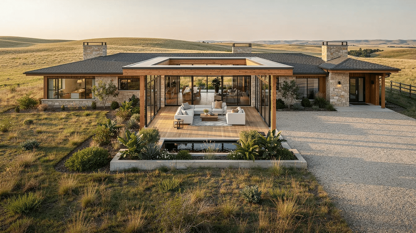 4e3c4792-7646-4d70-a554-4d9b2a2d40ba - Ranch Style Homes USA The image showcases a beautifully designed Atrium Ranch home, featuring a grand entry porch that leads into a light-filled great room with large windows. The open floor plan seamlessly connects the gourmet kitchen, breakfast nook, and family room, creating a warm and inviting atmosphere.