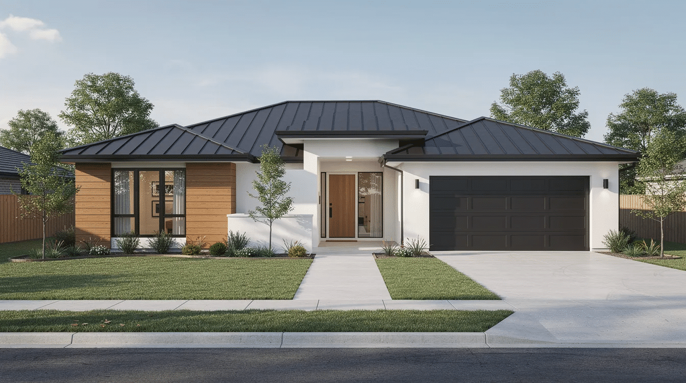 The image depicts the exterior of a modern single-story ranch house featuring a wide front yard and an attached garage. This house plan showcases a spacious layout with potential for a walkout basement and customizable details for a comfortable living experience.