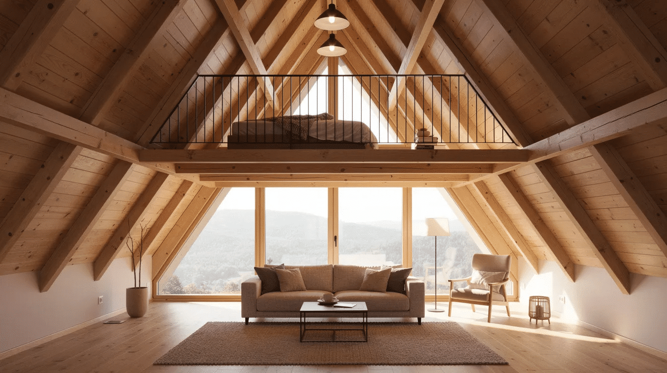 54050fce-cedb-4565-b09c-15f855a6b67a - Ranch Style Homes USA The image depicts the interior of an A-frame home, showcasing a stunning vaulted wooden ceiling and a cozy loft space above. This design exemplifies modern American architecture, highlighting the unique shape and structure typical of frame houses.