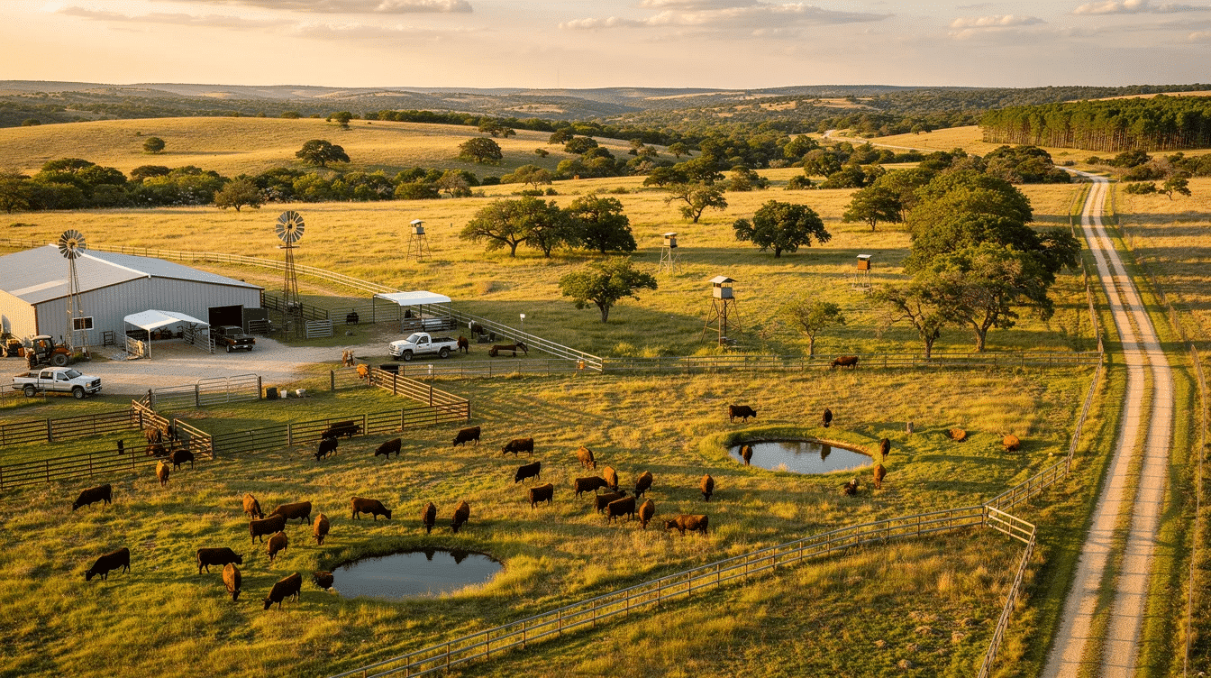 54213069-db30-48c2-a991-2e370f2de88f - Ranch Style Homes USA The image depicts a sprawling landscape of a large Texas ranch, showcasing diverse terrain that includes rolling hills and open pastures, ideal for cattle operations and recreational activities. This expansive acreage, ranging from 2,500 to 5,000 acres, highlights the investment value and potential for commercial hunting and agricultural endeavors in Central Texas.