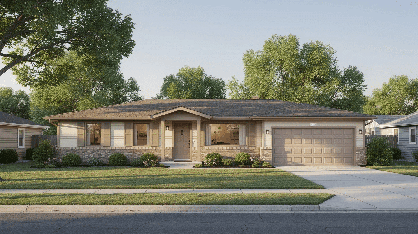 55c268ec-bd10-4612-9b5f-acea85e7d888 - Ranch Style Homes USA A wide shot of a classic single-story ranch house featuring a low pitch roof and an attached garage, set in a suburban neighborhood. The exterior design includes a welcoming front porch and large windows that allow for plenty of natural light, creating a cozy and inviting atmosphere.