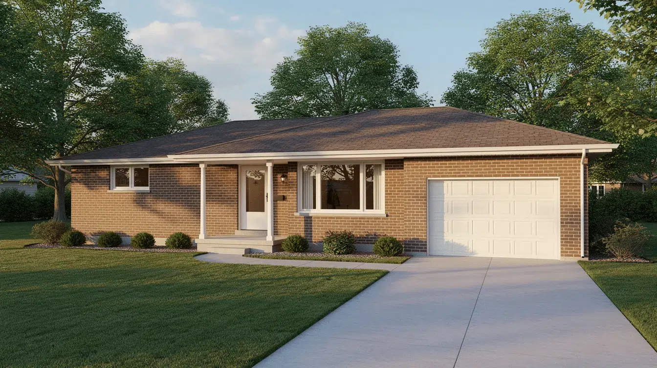 56fcdb04-1daf-4f52-b8c0-97d67225f4f0 - Ranch Style Homes USA This image depicts a classic single story ranch house with a brick exterior and an attached garage, set on a suburban lot. The home features large windows, a low pitched roof, and an inviting front porch, exemplifying traditional ranch style architecture.