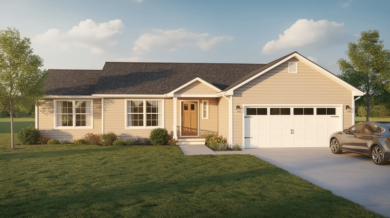 5af33088-c7d1-4c70-a331-dfb2062ffec2 - Ranch Style Homes USA The image depicts a T Ranch Style Home featuring a spacious open concept floor plan with large windows that invite natural light into the living space. This ranch style modular home includes a master suite with a private bath, three bedrooms, and a large kitchen designed for entertaining, making it a perfect fit for family life.