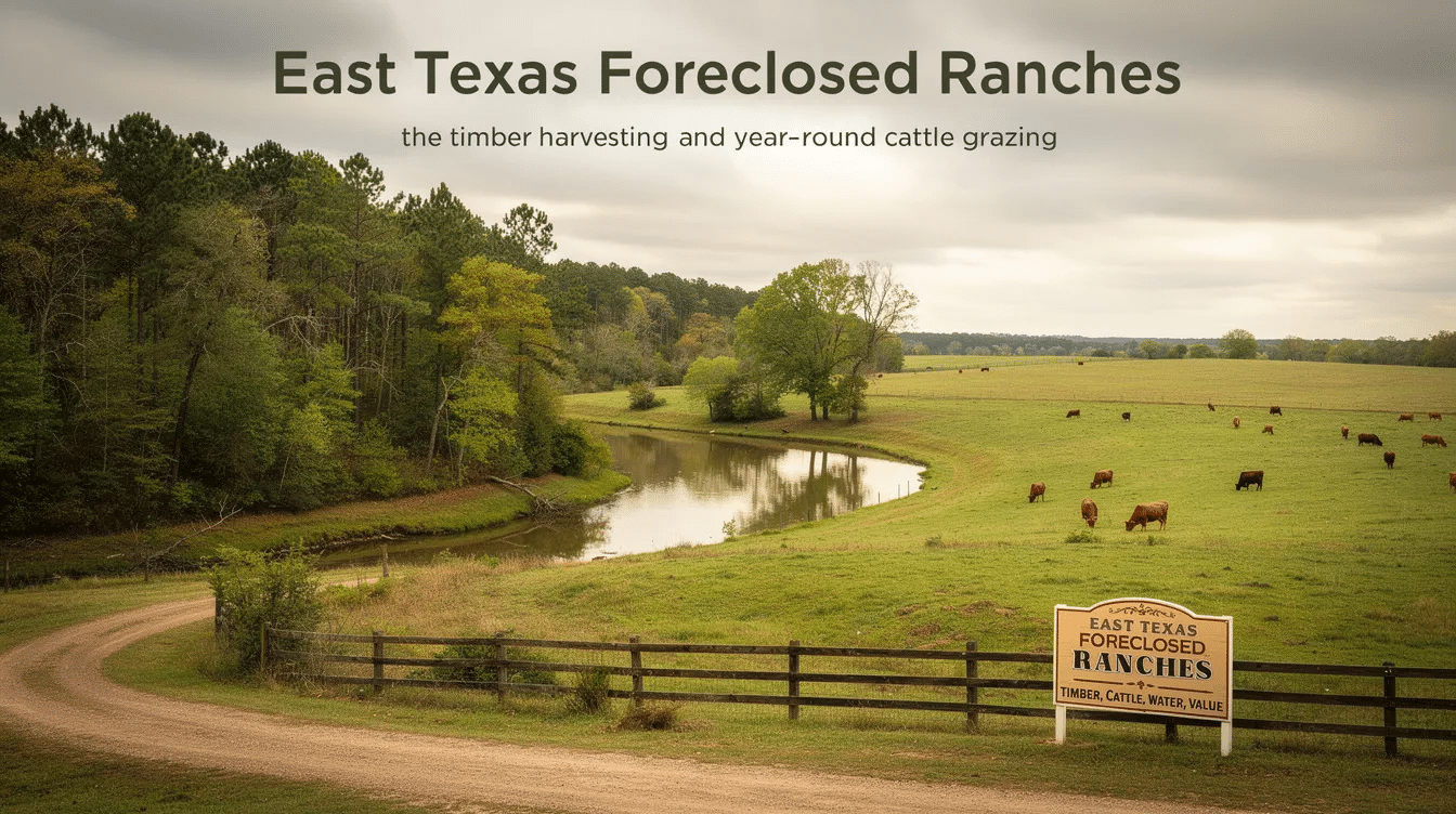 5f2cb126-986c-468a-98c1-02453b02ab32 - Ranch Style Homes USA The image showcases a picturesque East Texas ranch featuring lush, timber-rich rolling hills and natural water features, ideal for cattle grazing and timber harvesting. This foreclosed property, part of the real estate listings in the region, spans several acres and offers diverse land use options, appealing to buyers seeking manageable operations near major metropolitan areas like Houston and Dallas.