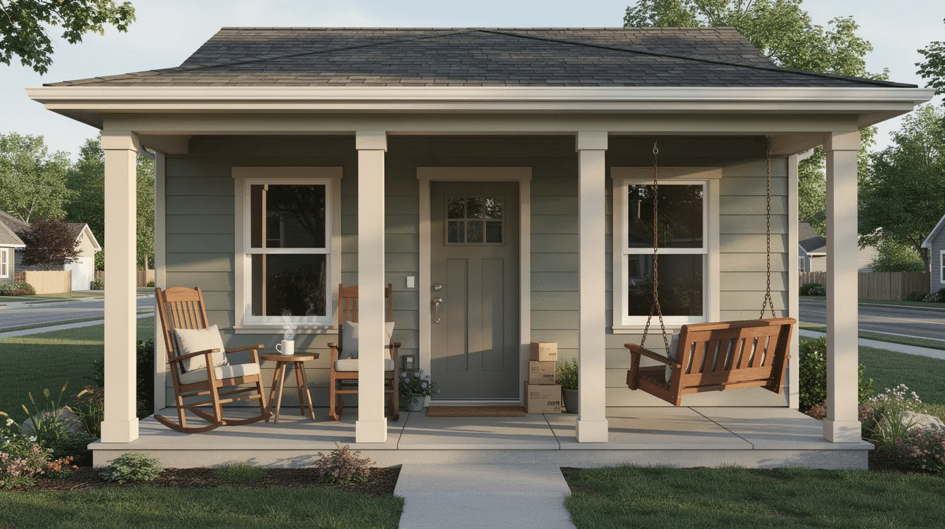 5f3cb869-3918-4453-92b8-891e76af2f37 - Ranch Style Homes USA The image depicts a charming covered front porch, featuring a pair of outdoor chairs and a small table, perfect for enjoying morning coffee or greeting guests. This inviting space enhances the home's curb appeal and serves as a functional extension of the living area, ideal for relaxing and appreciating the neighborhood surroundings.