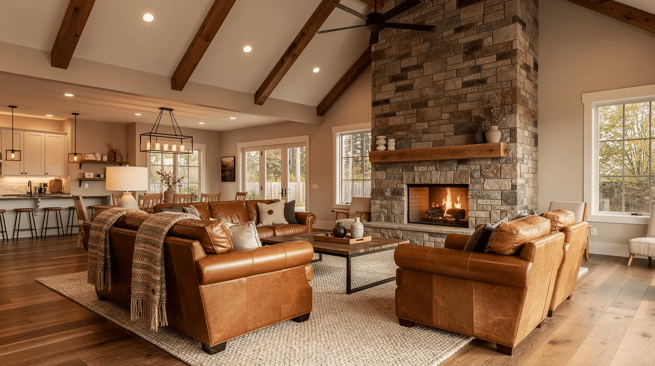 60362534-b44e-4f74-8cbd-b5991b1c4f6b - Ranch Style Homes USA The image depicts an open-concept great room featuring exposed ceiling beams and a stone fireplace, complemented by leather furniture in warm earth tones. This inviting space reflects the rustic charm of Texas Hill Country style, with expansive windows that enhance natural light and promote cross ventilation.