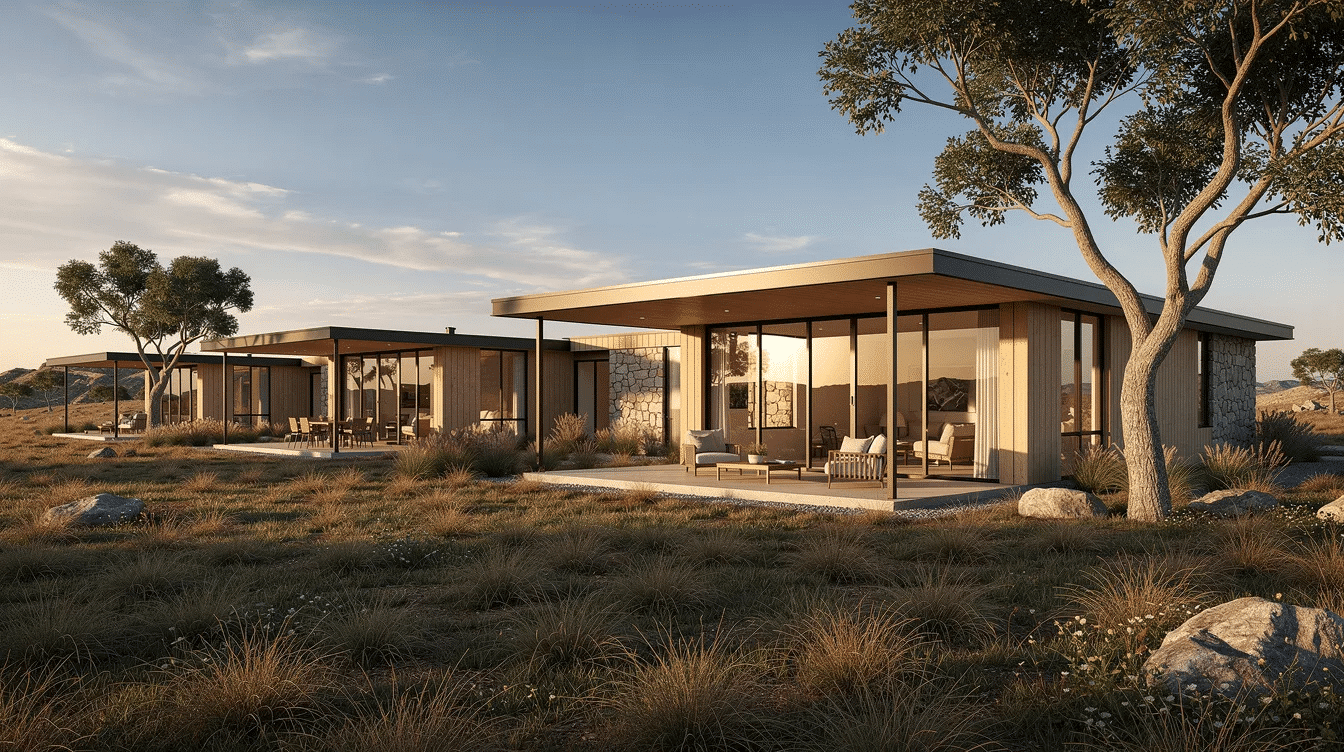 62ac7cf8-51cf-4d2b-b373-e72e268dc2a2 - Ranch Style Homes USA The image showcases a modern ranch house featuring a sleek exterior with large picture windows that invite natural light, an open floor plan, and seamless indoor-outdoor living spaces. The home is designed with a low-pitched roof and includes outdoor living areas, enhancing its contemporary flair and curb appeal.