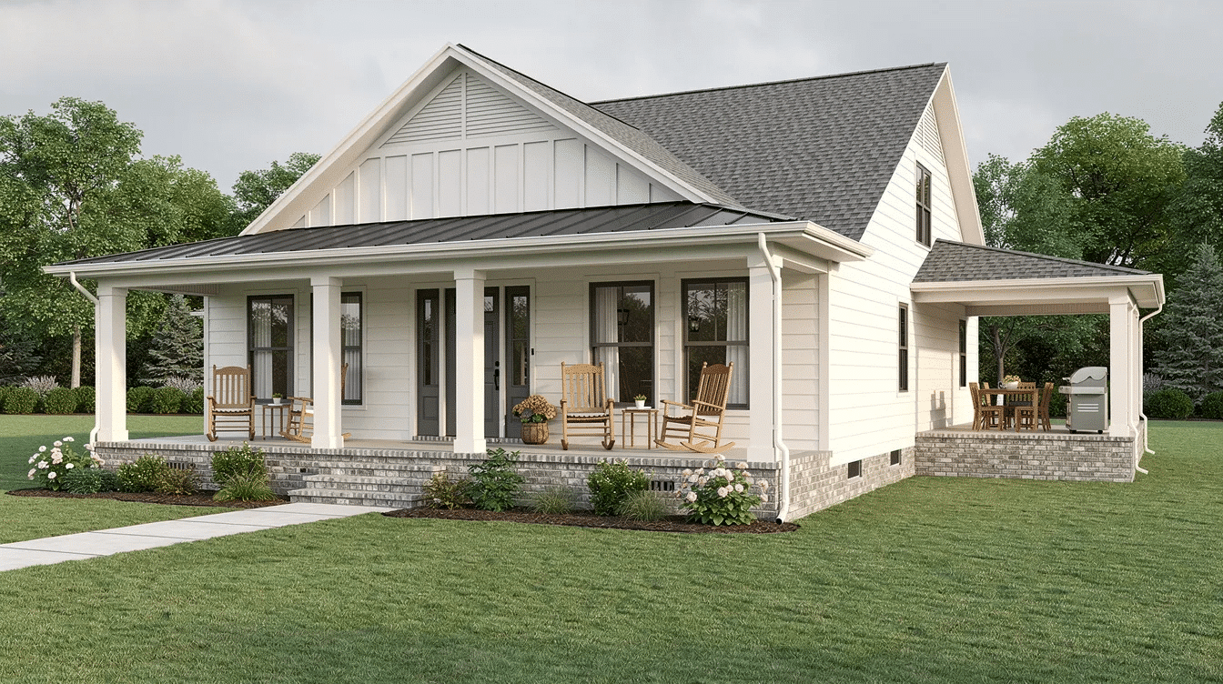 62c3f368-c204-4b16-9cfe-093816bd4f52 - Ranch Style Homes USA The image depicts an inviting 1800 sq ft modern farmhouse with a spacious front porch, designed for rocking chairs, enhancing its country curb appeal. A covered rear porch, accessible from the great room and dining area, provides an ideal space for outdoor dining and grilling, showcasing attractive exterior materials like fiber-cement siding and stone skirting.