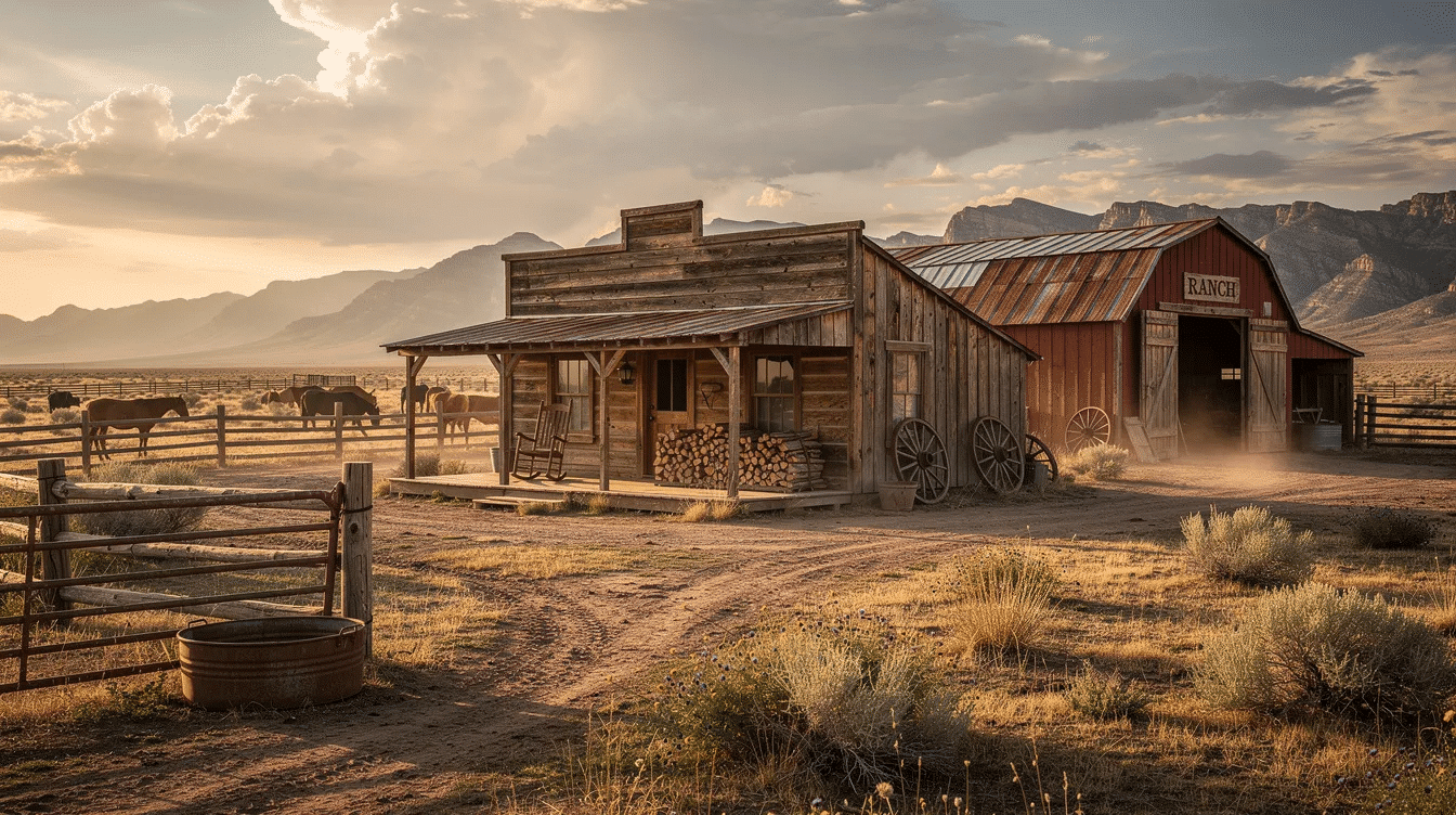 6b8fc0b7-5255-4708-b904-df46d37a1aa0 - Ranch Style Homes USA The image depicts a serene Old West ranch, showcasing wide open spaces with rustic wooden barns and grazing horses under a vast blue sky. This peaceful solitude represents the great American lifestyle, inviting viewers to imagine the freedom and adventure of ranch life.