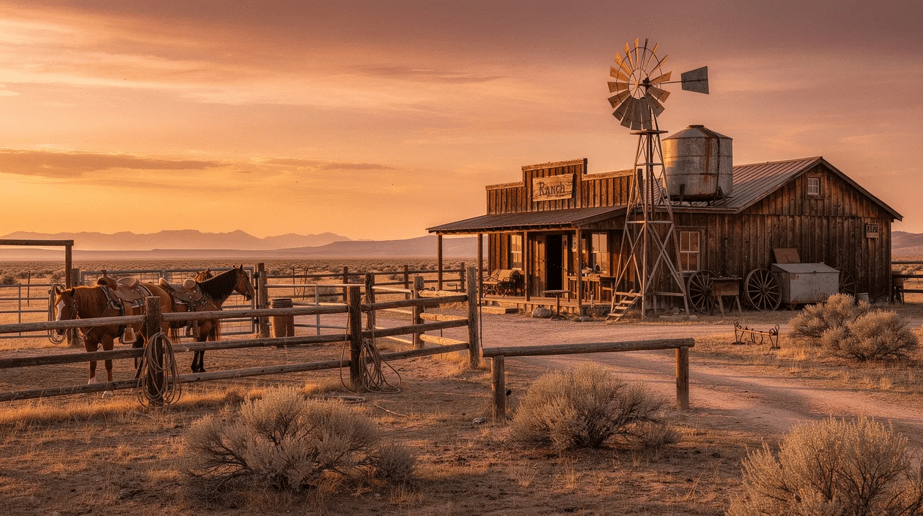 6dc1b280-e4ab-410e-9ea5-e35198741493 - Ranch Style Homes USA The image depicts a serene Old West ranch, showcasing wide open spaces with rustic wooden barns and grazing horses under a vast blue sky. This peaceful solitude represents the great American lifestyle, inviting viewers to imagine the freedom and adventure of ranch life.