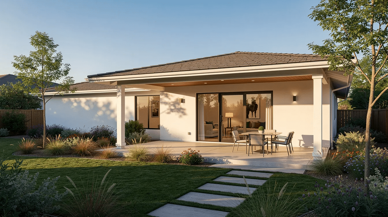 The image shows a wide exterior view of a single-story California ranch home featuring white stucco walls and a low-pitched roof. The design includes a covered patio that extends into a beautifully landscaped backyard, showcasing seamless indoor and outdoor living typical of ranch style homes.