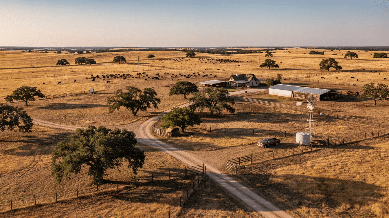 711065b0-3f32-4a80-8d0c-e81da294f962 - Ranch Style Homes USA The image depicts a vast expanse of large Texas ranches, showcasing rolling hills and open pastureland ideal for grazing cattle operations. This picturesque landscape highlights the recreational appeal and investment value of Texas land, making it an attractive option for buyers seeking ranches for sale in the region.